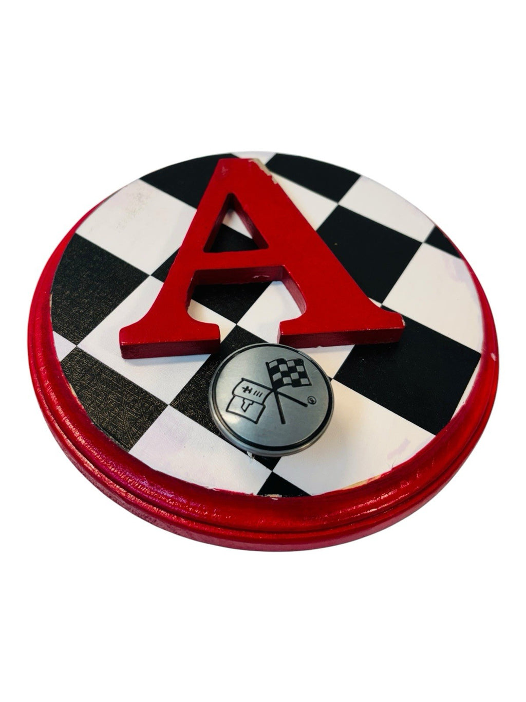 CHEVROLET  RACING FLAG Metal Hook On Wood Plaque  w/Letter "A" 6.5X6.5" Round.