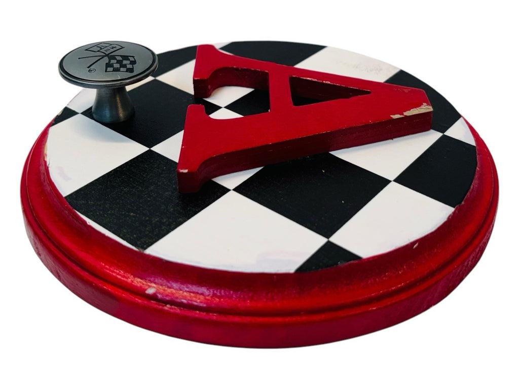 CHEVROLET  RACING FLAG Metal Hook On Wood Plaque  w/Letter "A" 6.5X6.5" Round.