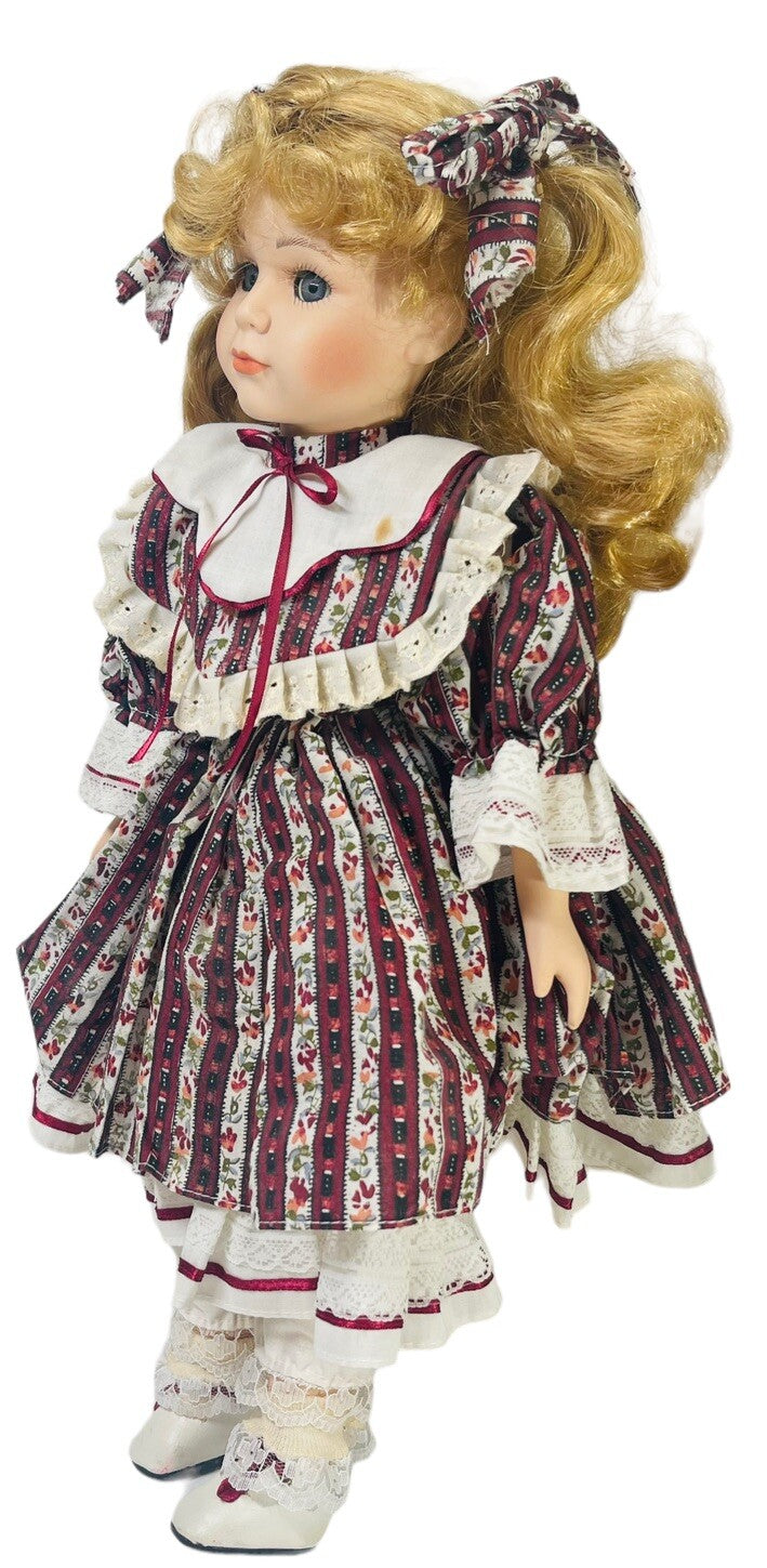 VINTAGE PORCELAIN DOLL BLONDE ~ BLUE EYES H 18''XW 6'' ~ WT. 1.7 lbs.