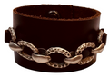 MENS LEATHER BRACELET w/SILVER HOOP CHAIN, DOUBLE SNAP CLOSER ~ SIZE 8" WRIST