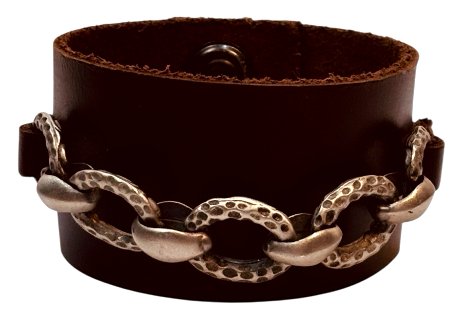 MENS LEATHER BRACELET w/SILVER HOOP CHAIN, DOUBLE SNAP CLOSER ~ SIZE 8" WRIST