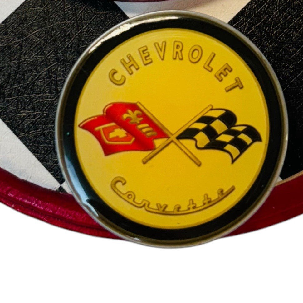 CHEVROLET CARVETTE RACING FLAG Metal Hook On Wood Plaque  6.5X6.5" Round.