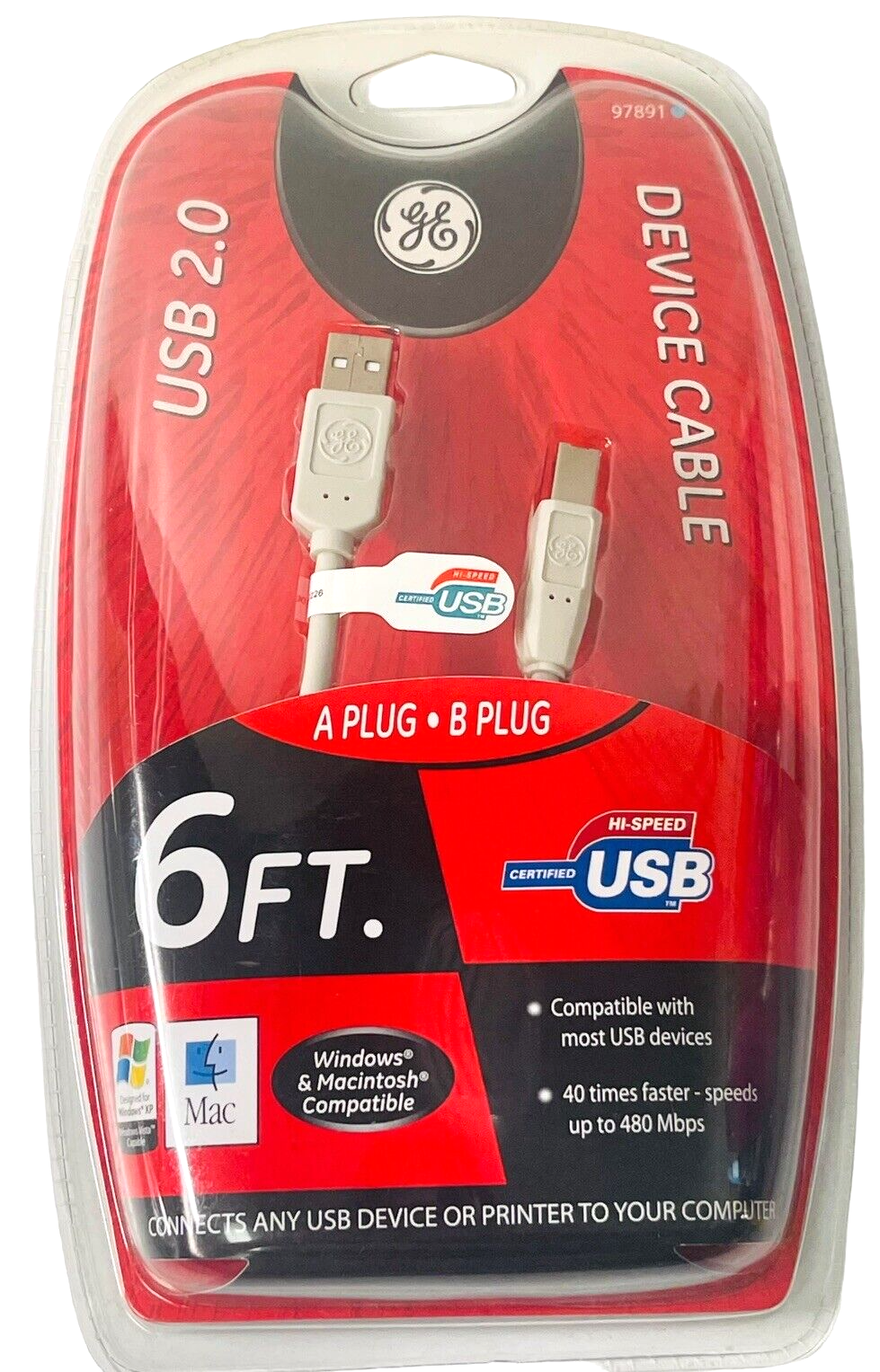 GE USB 2.0 DEVICE CABLE 6 Ft Windows & Macintosh HO97891 NEW-SEALED
