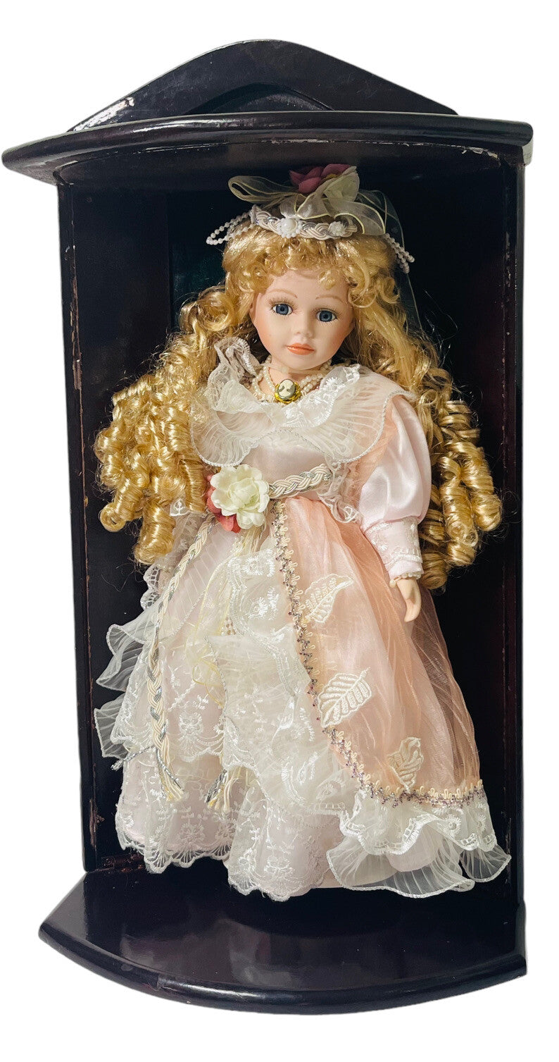 17' Porcelain Doll W/BLUE Eyes Golden Locks (Goldenvale) & Red Wood Display Case