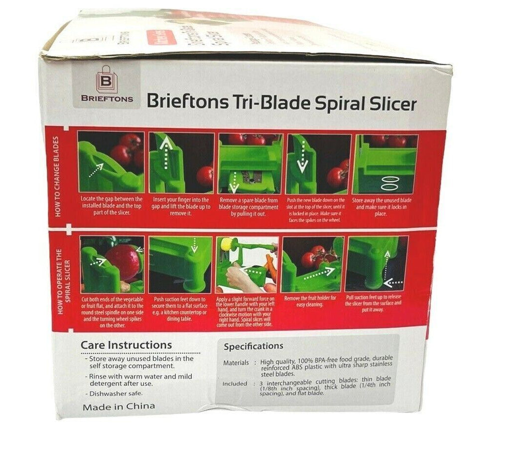 BRIEFTONS Vegetable Cutter Spiralizer 3-Interchangable Blade Styles Green-Manual