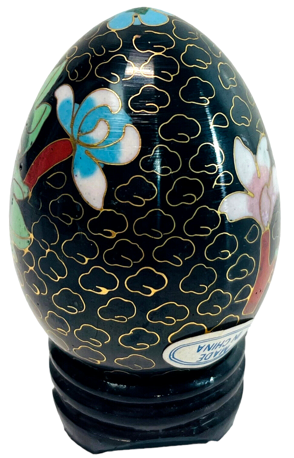 Floral Wood Egg w/Bright Flowers, Handmade w/Original Stand "MINT".