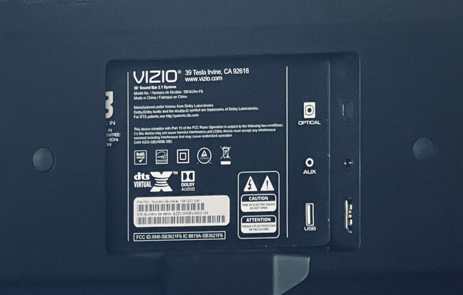 VIZIO 36" Soundbar SB362An-F6 5.1 Channel 2.1 System (ADAPTER NOT INCLUDED).