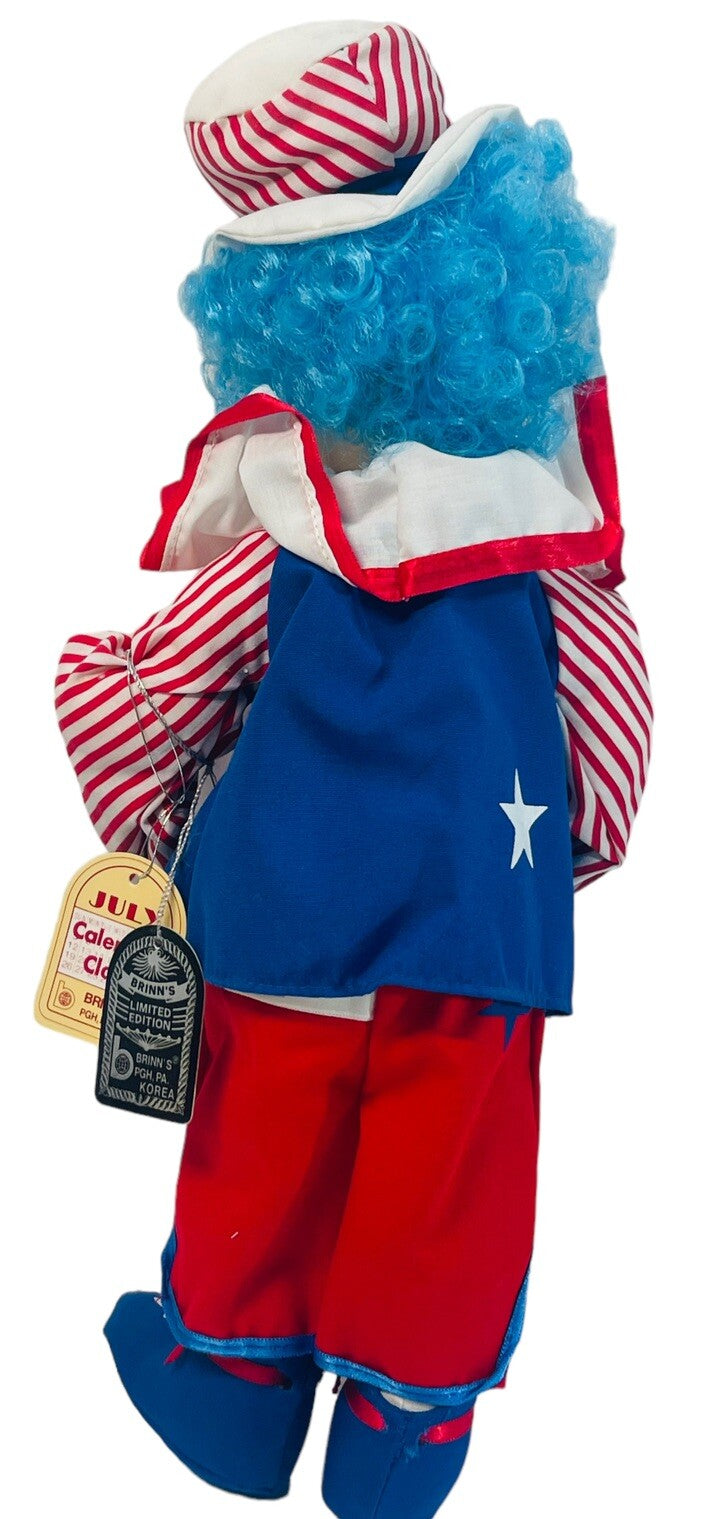 CLOWN 14" DOLL BRINNS JULY CALENDAR PORCELAIN, w/COA~IN ORIGINAL BOX.