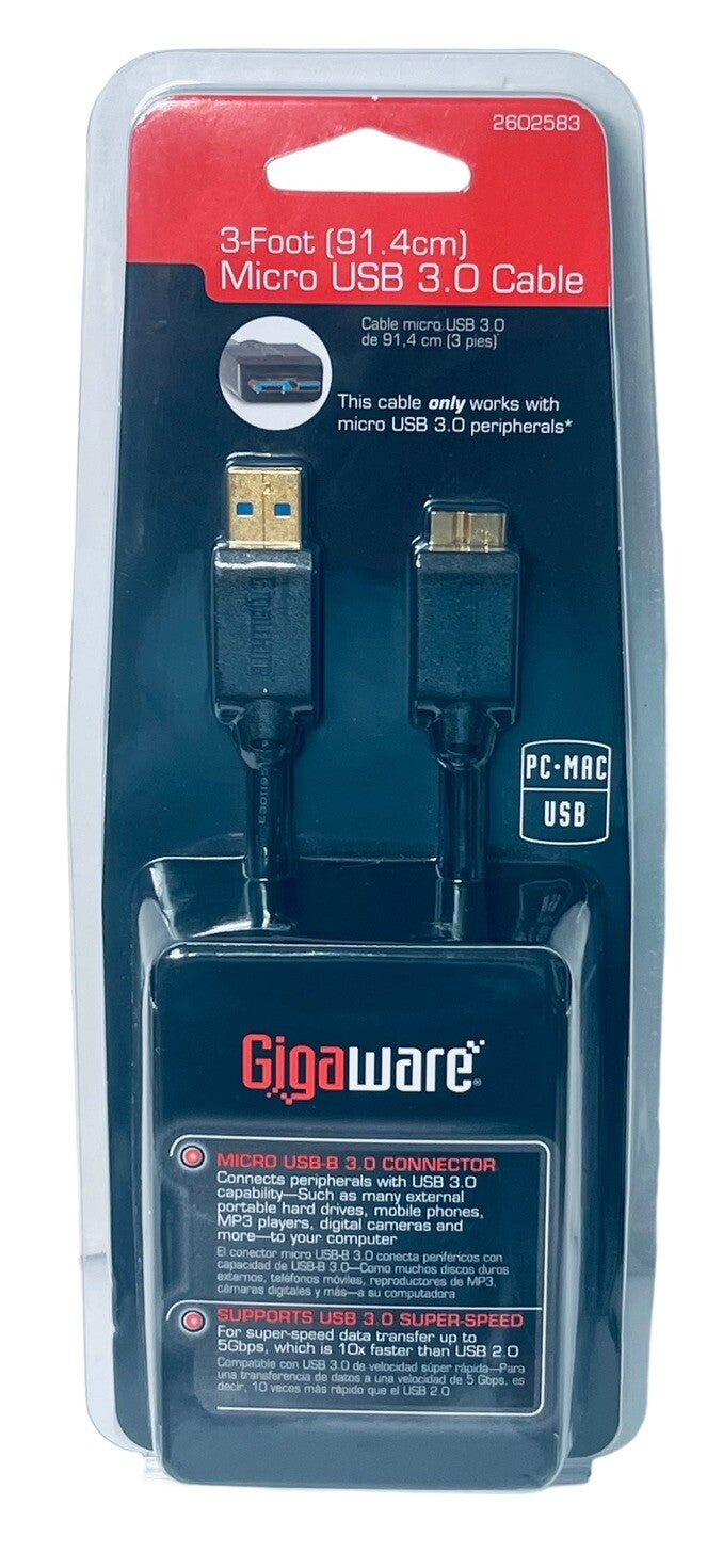 GIGAWARE 3-FOOT 91.4CM MICRO USB 3.0 CABLE for PC/MAC-2602583 - FACTORY SEALED