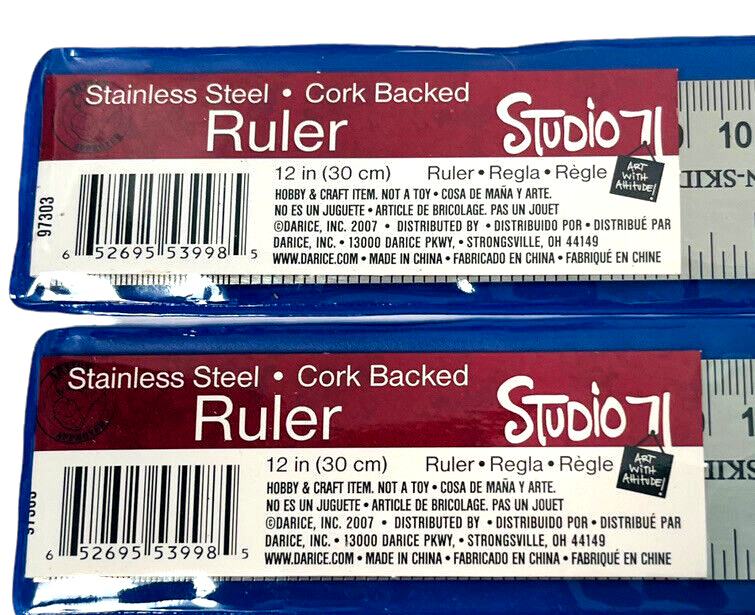 12” Stainless Steel Cork Backed Ruler W/Storage Clear Sleeve STUDIO 71
