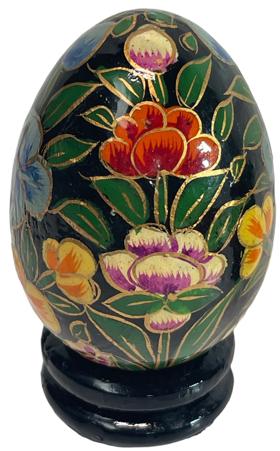 Floral Wood Egg w/Bright Flowers, Handmade w/Original Stand "MINT".