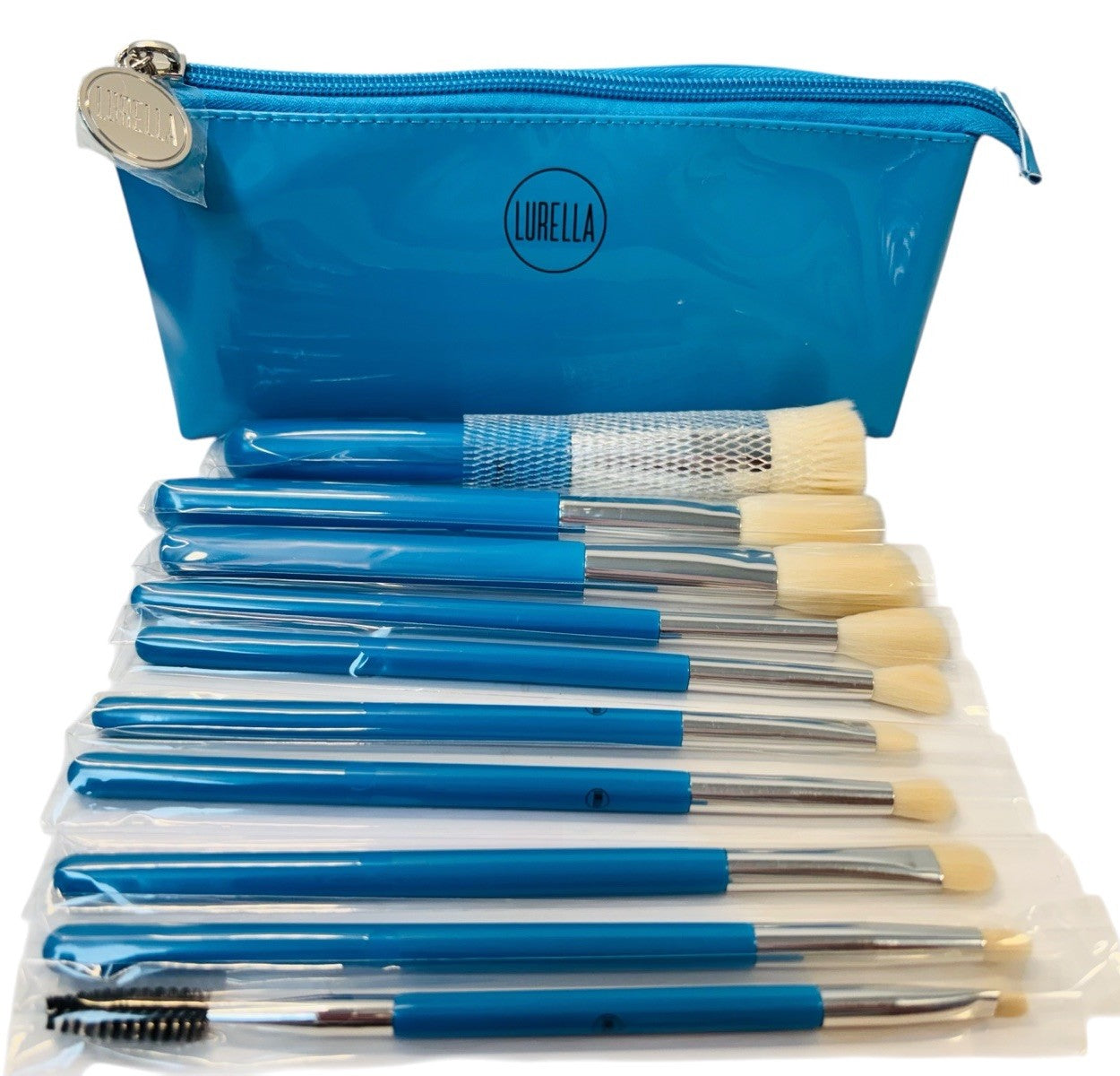 Lurella Cosmetics Neon Brush Set Color: CYAN with Zipped Cosmetics Bag