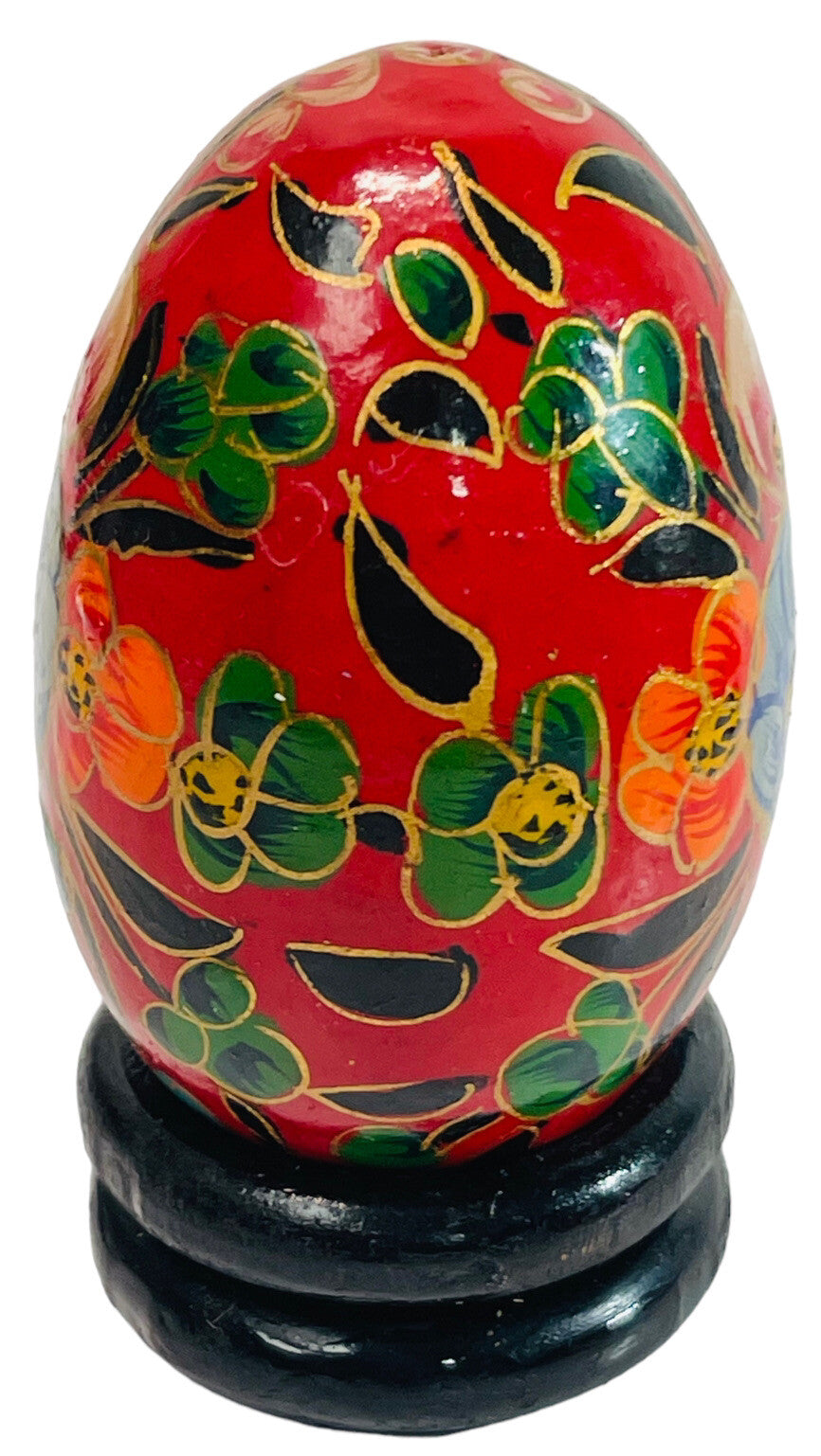 Floral Wood Egg w/Bright Flowers, Handmade w/Original Stand Kashmir India, MINT