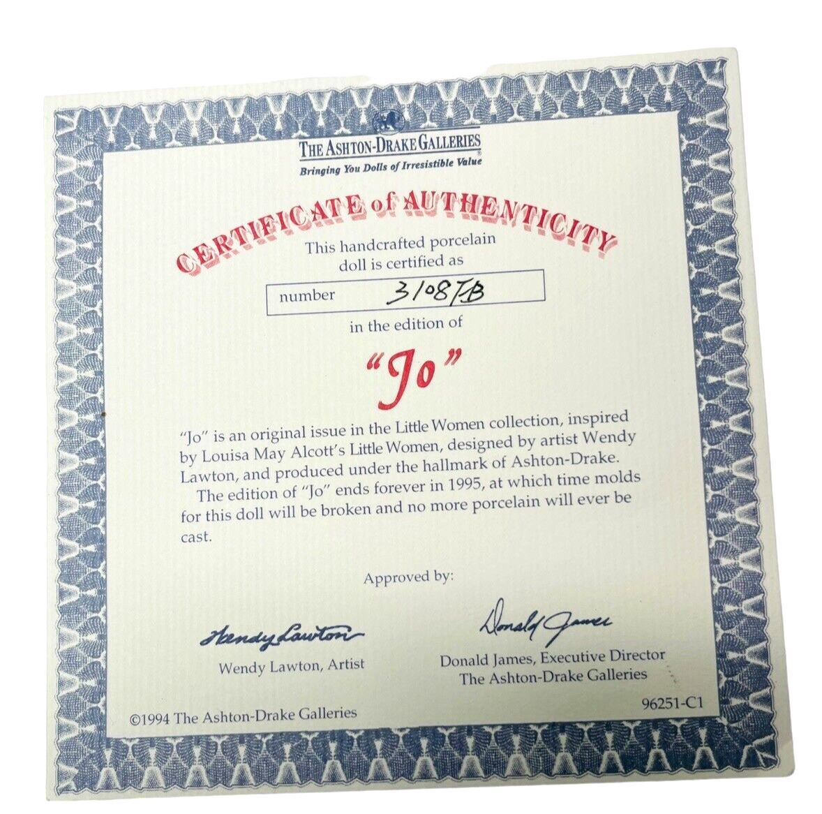 THE LITTLE WOMAN COLLECTION 1994 PORCELAIN DOLL JO No. 3108FB w/CERTIFICATE