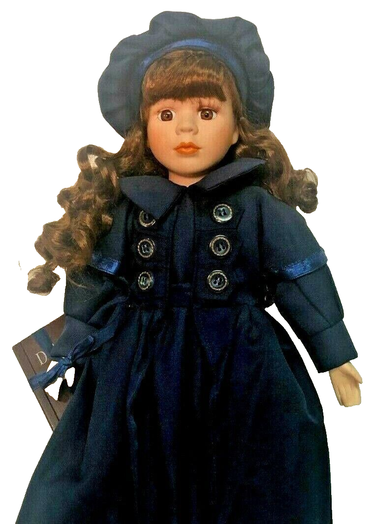 Design PS Victorian Porcelain Doll 15'' w/Long Blue Coat & Satin Trim Hat-1990s
