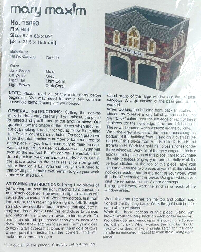 Cross Needle Stitch Plastic Canvas Kit "FIRE HALL" No. 15093.