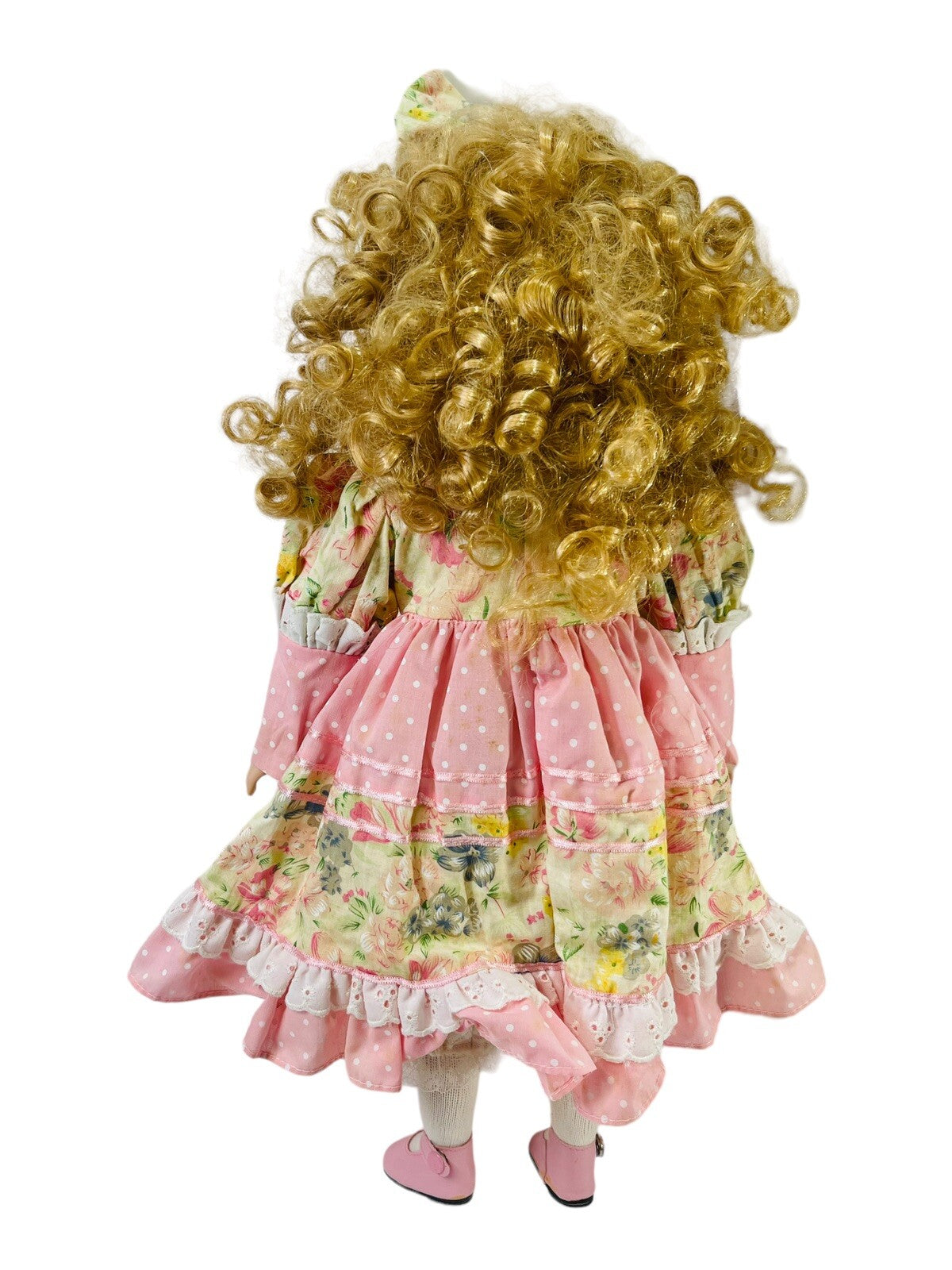 World Bazaars Bisque Sweet N Pink Porcelain Doll 19” Red Curly Hair & Blue Eyes.