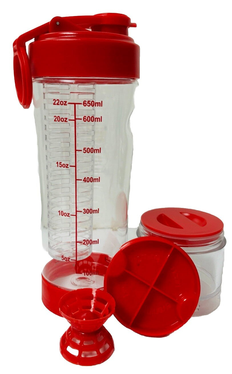 Fruit Infuser Water Bottle W/Pill Storage (Morning/Noon/Evening/Bed) Red & Clear