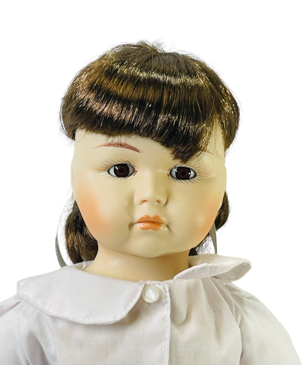 Adorable 16” Porcelain Doll Brunette W/Brown Hair Wearing 2-Piece Dress Set.