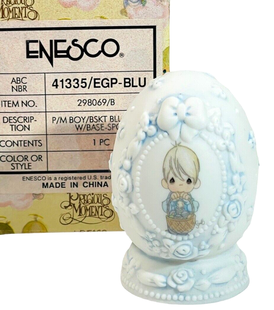1997 Precious Moments Figurine P/M BOY W/BASKET ON BLUE EGG-Enesco