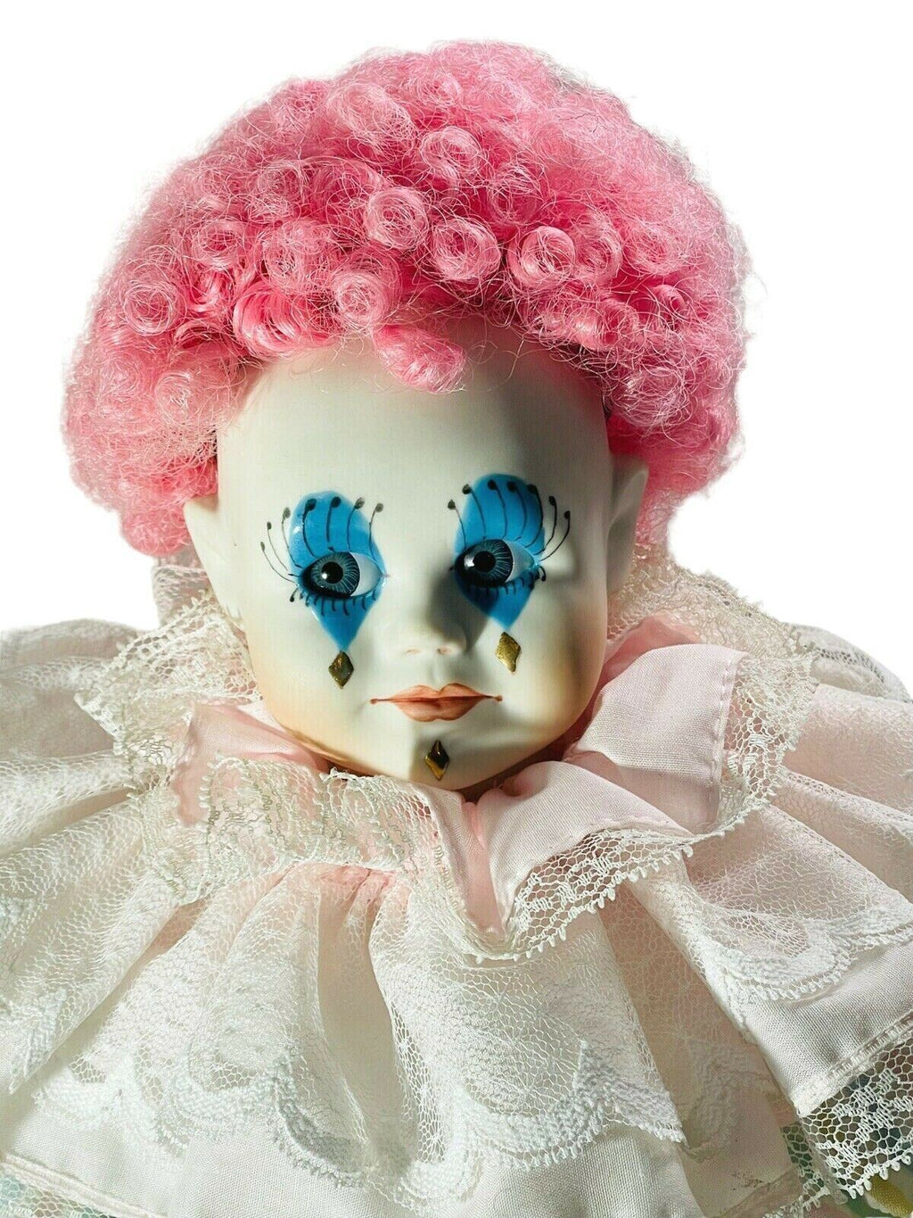 Adorable 20" Porcelain Clown Doll "1980 WINDUP, with Doll Stand, By; Joyce Wolf