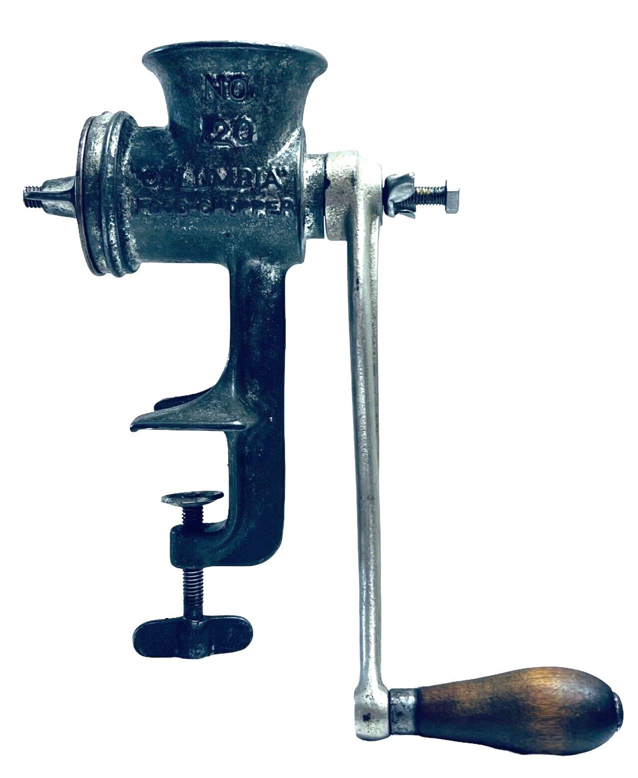 COLUMIBA FOOD CHOPPER Hand Crank Meat Grinder w/Wooden Handle - #120 - VINTAGE