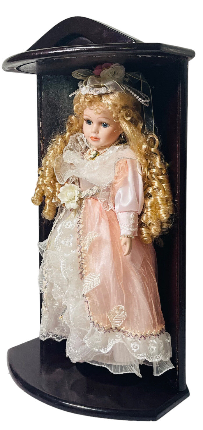 17' Porcelain Doll W/BLUE Eyes Golden Locks (Goldenvale) & Red Wood Display Case