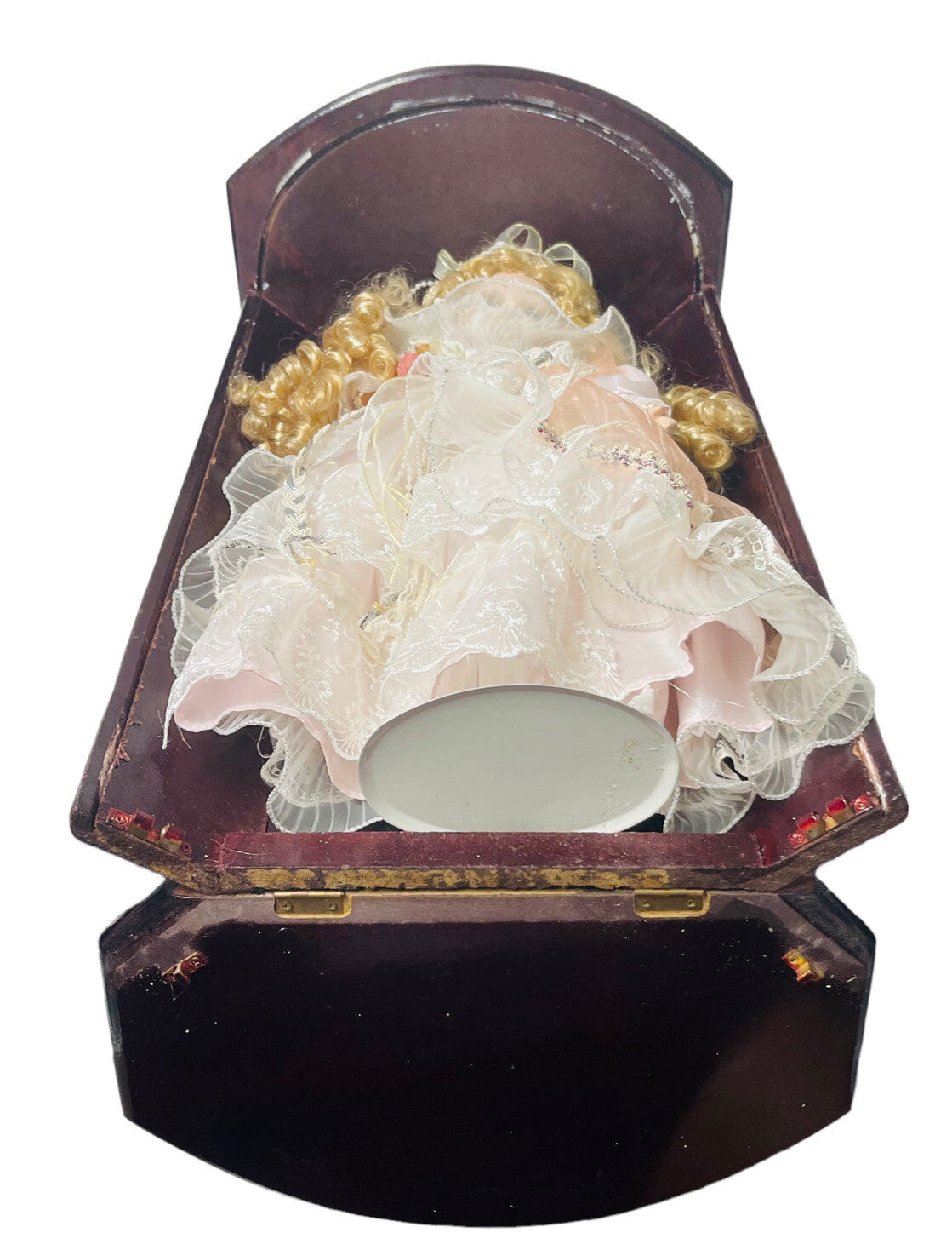 17' Porcelain Doll W/BLUE Eyes Golden Locks (Goldenvale) & Red Wood Display Case