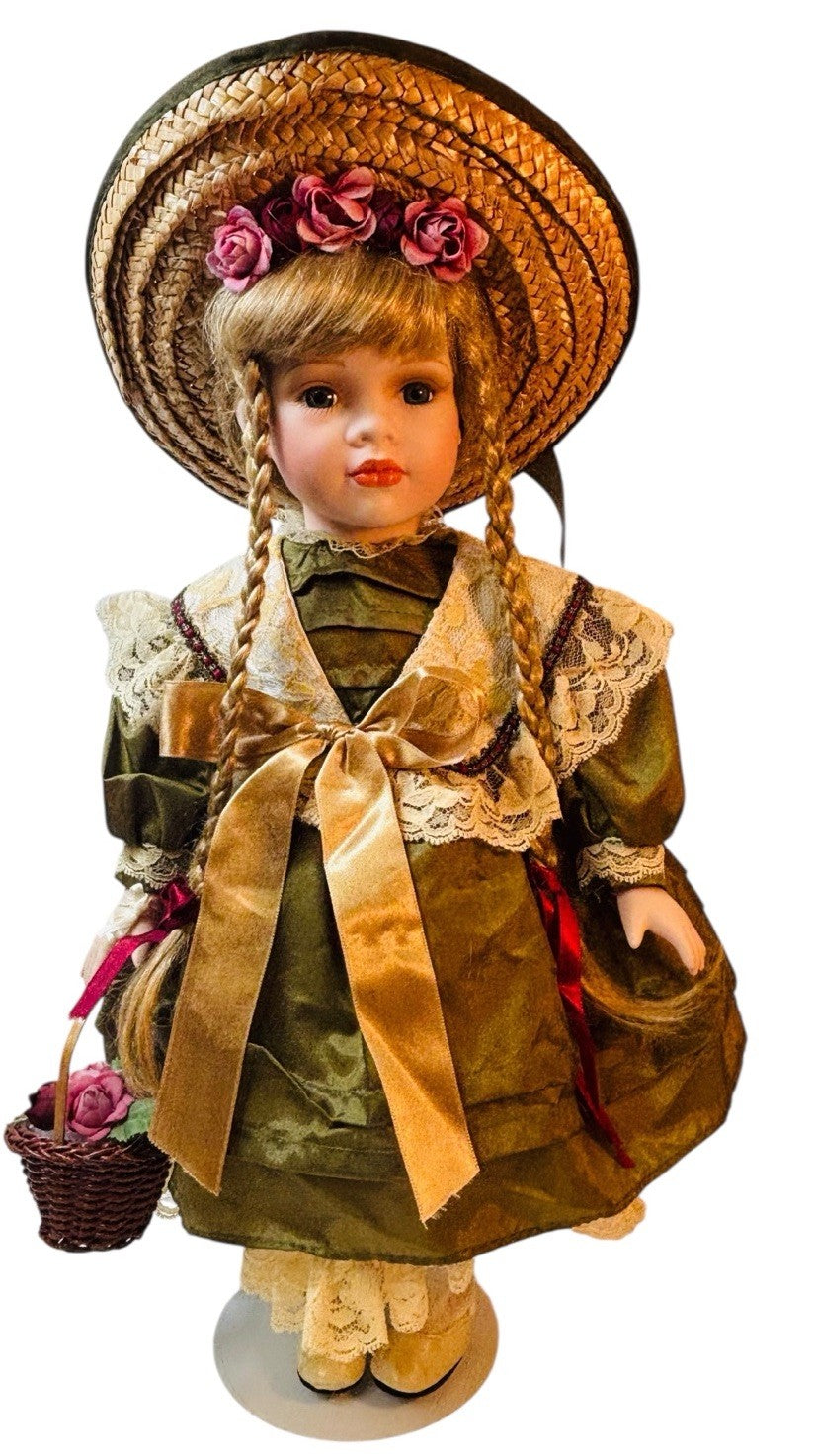 Porcelain Girl Doll Victorian Style Blode Hair, Astrology Print Clothes 16” Tall