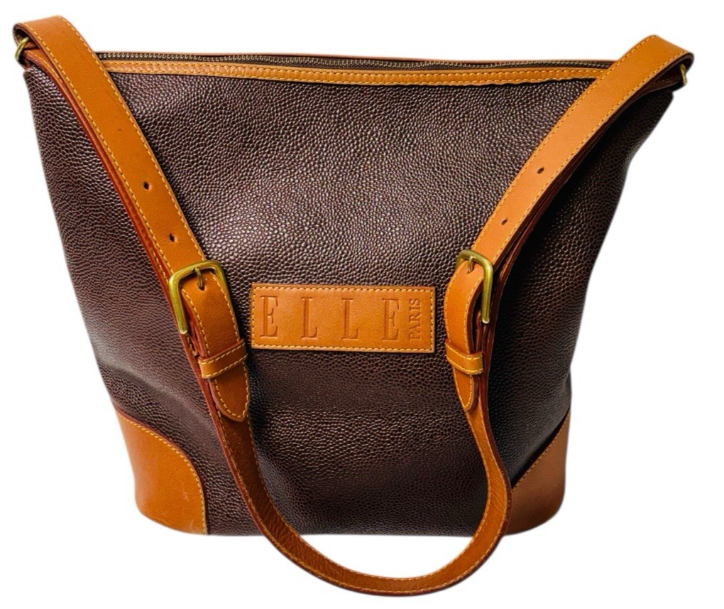 VINTAGE ELLE PARIS PURSE, ZIPPER CLOSER, ADJUSTABLE SHOULDER STRAP W 14” X H 11”