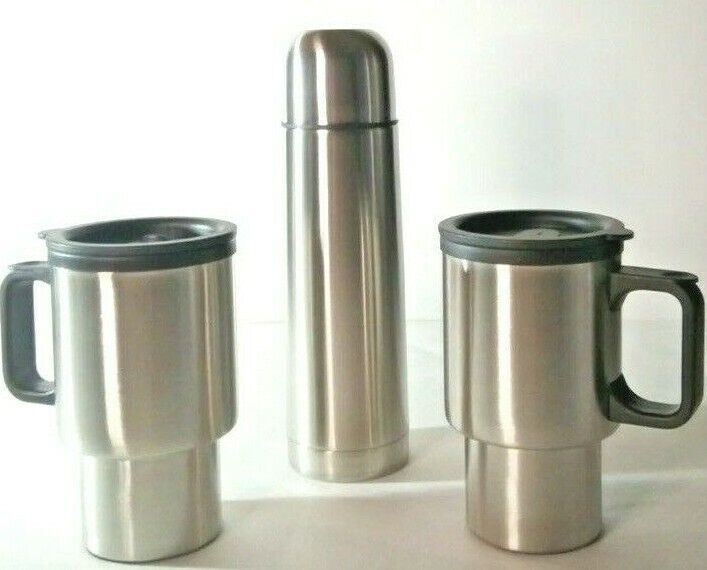 Travel Stainless-Steel Thermos, 2 Mugs and Travel Bag By: Chefs Basics