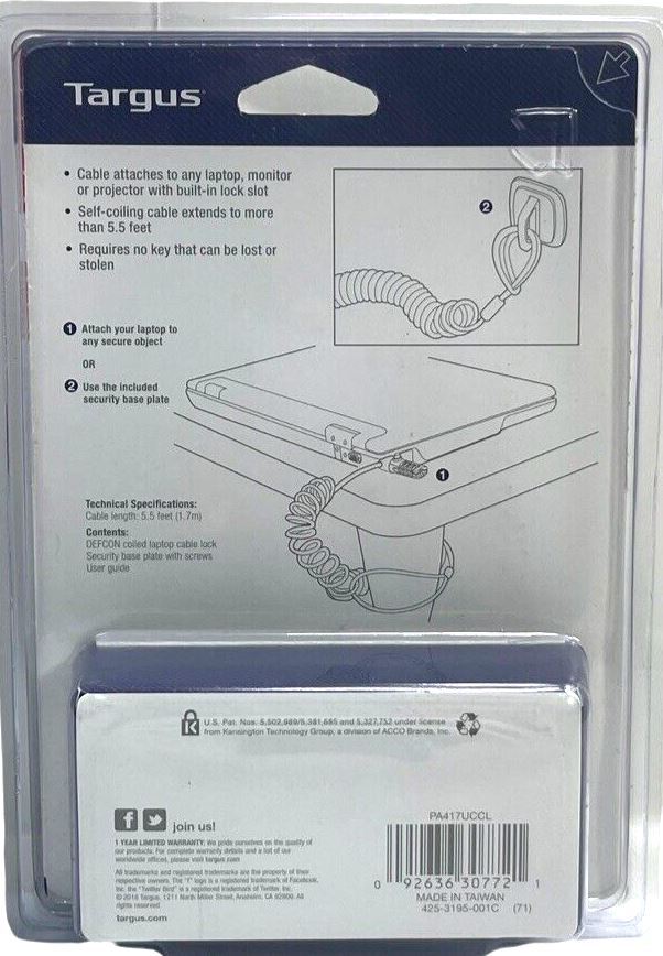 LAPTOP CABLE LOCK (COMBINATION-LOCK) Extends 5.5 FT COMPACT DESIGN