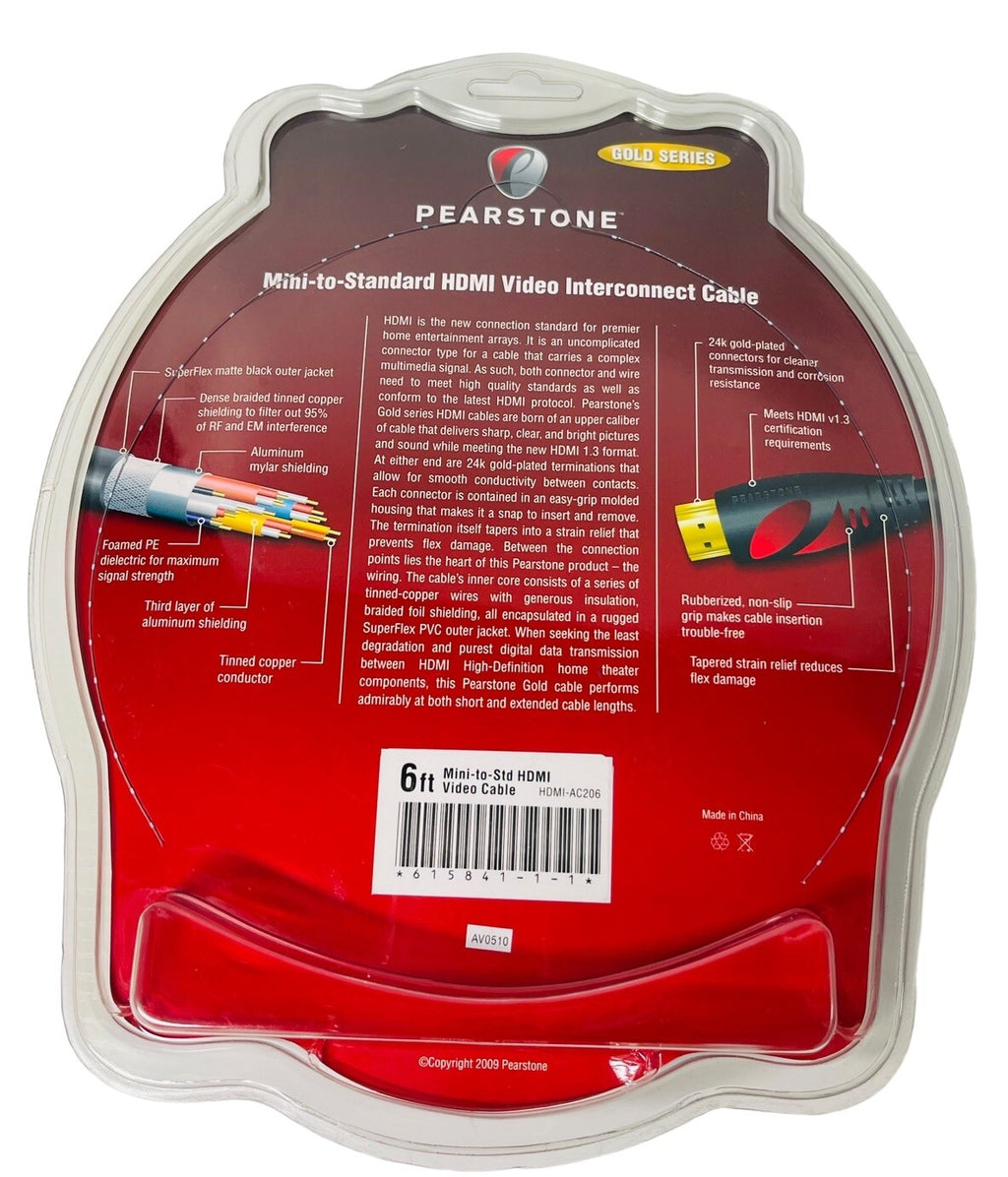 Pearstone Gold Series HDMI Mini-to-Standard Cable 6 Feet HDMI-AC206, NEW!