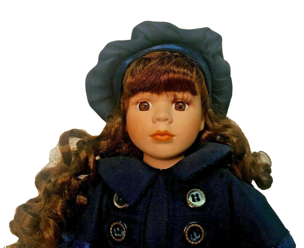 Design PS Victorian Porcelain Doll 15'' w/Long Blue Coat & Satin Trim Hat-1990s