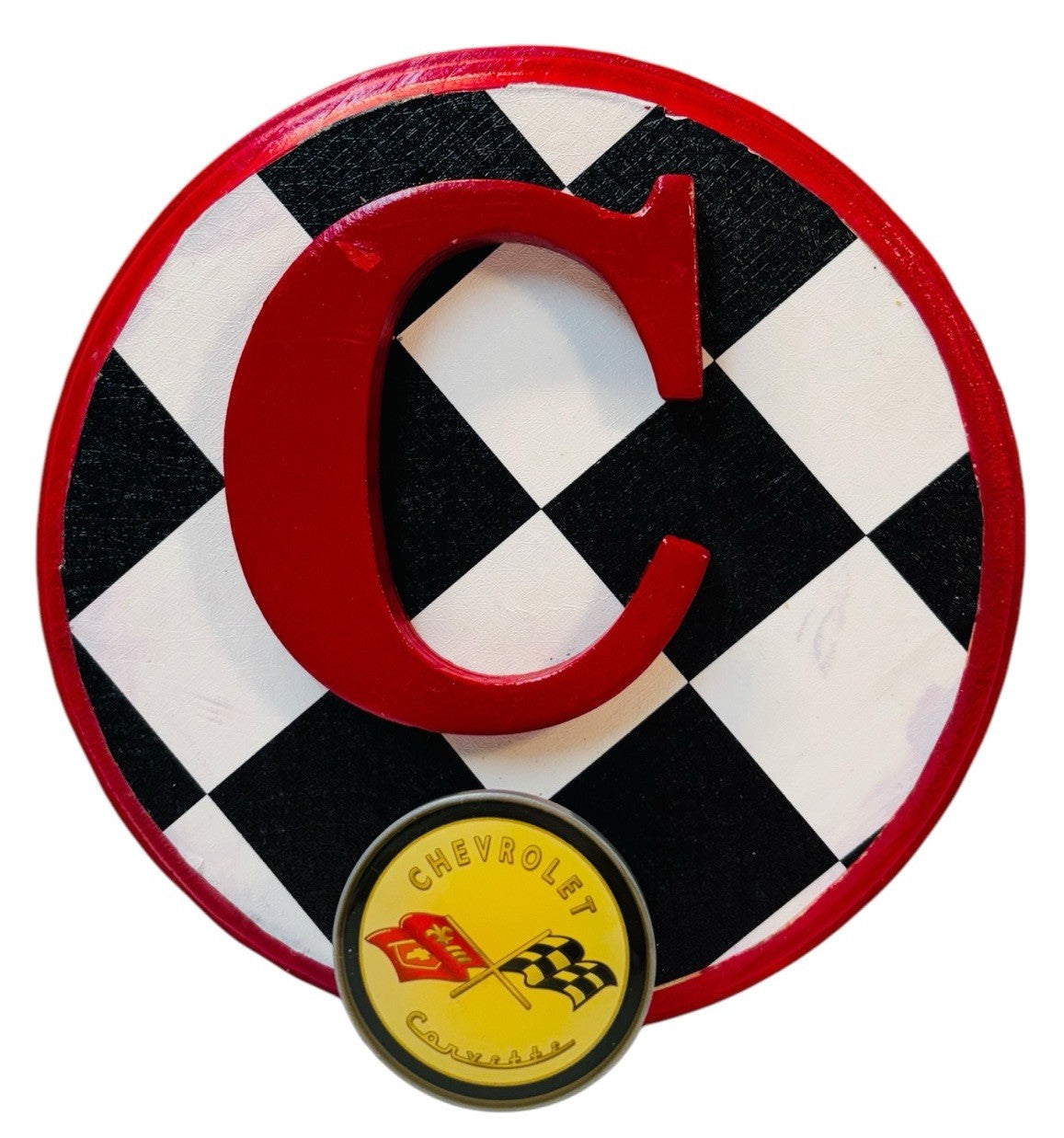 CHEVROLET CARVETTE RACING FLAG Metal Hook On Wood Plaque  6.5X6.5" Round.