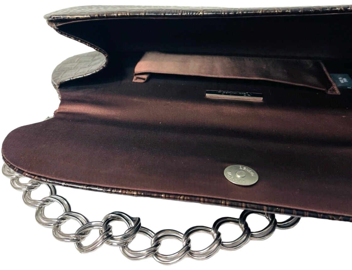 Faux Crocodile Leather Clutch Pruse Brown-L 11" X H 4" Chain Strap ~ Kate Landry