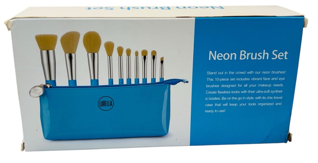 Lurella Cosmetics Neon Brush Set Color: CYAN with Zipped Cosmetics Bag