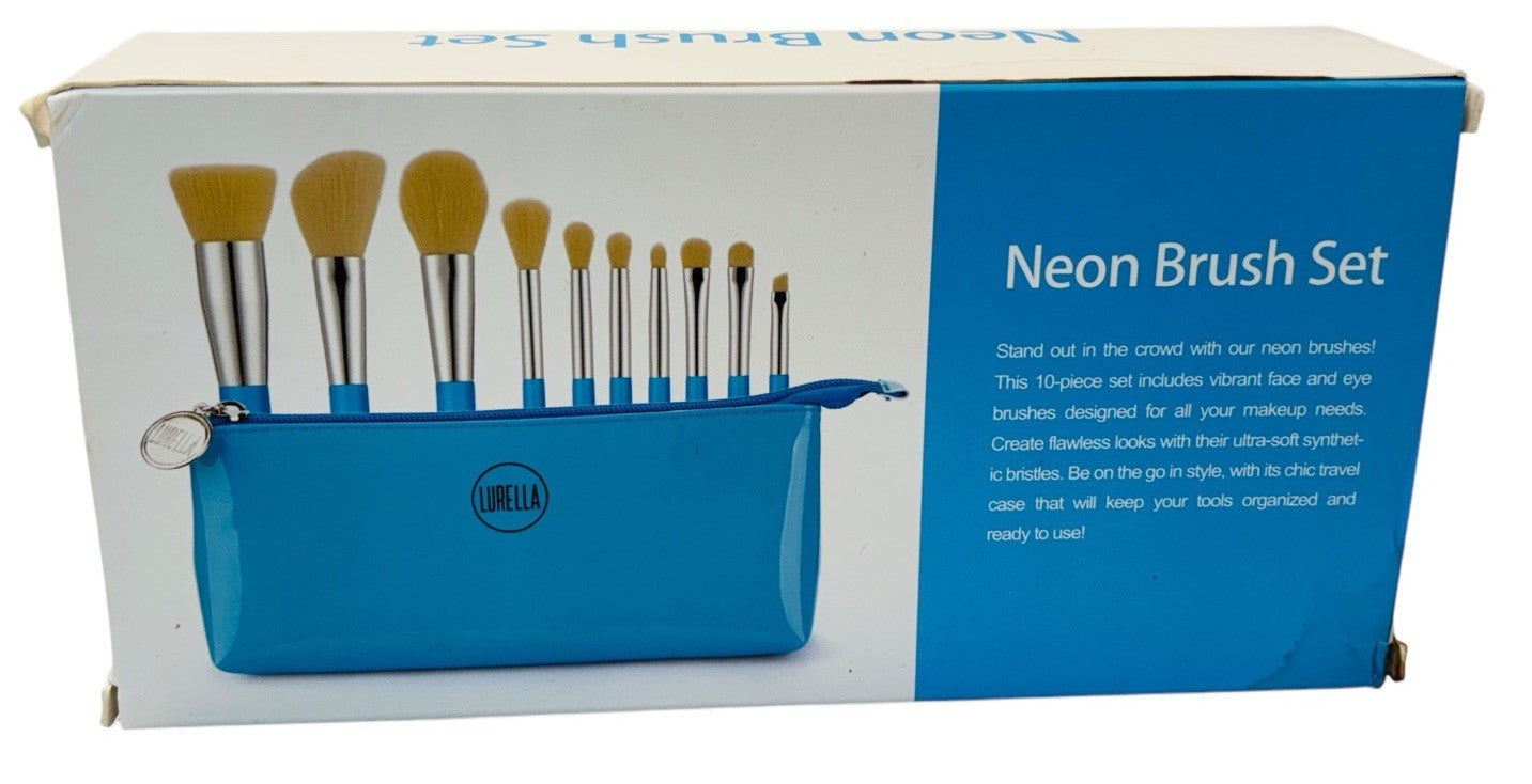 Lurella Cosmetics Neon Brush Set Color: CYAN with Zipped Cosmetics Bag