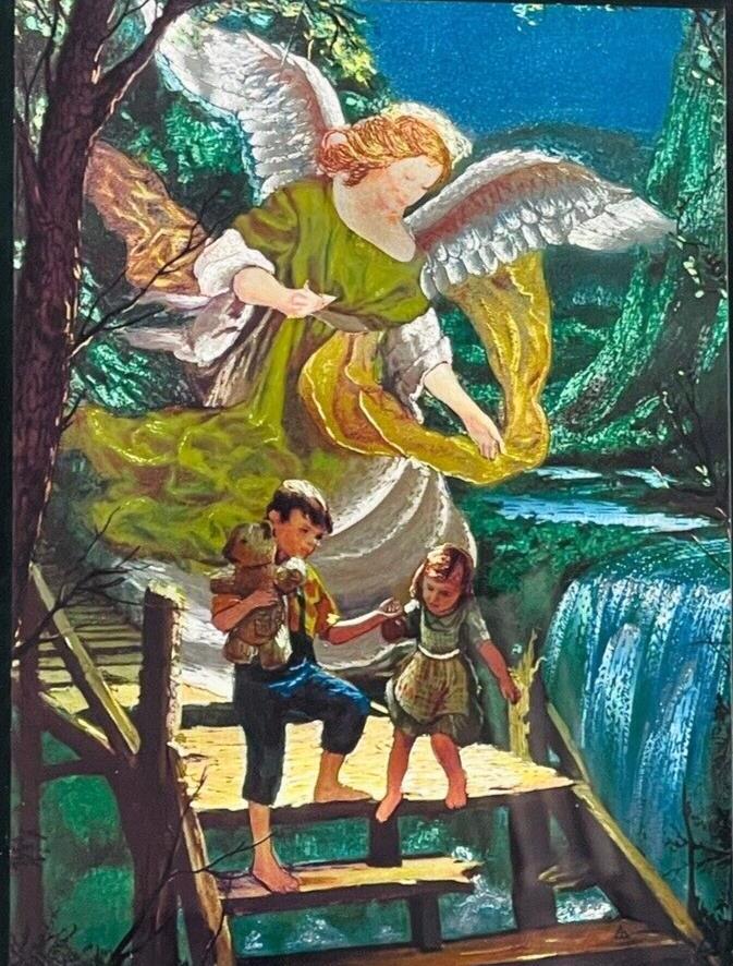VINTADGE Guardian Angel Picture Art in Gold Frame-Black Matting 8 X 10.