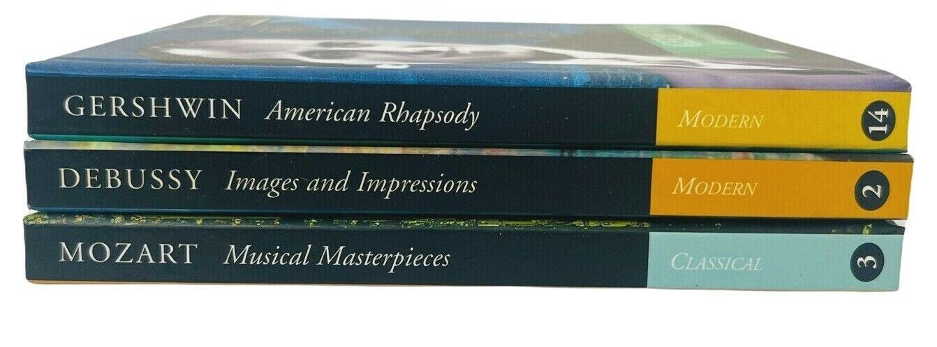CLASSIC COMPOSERS MOZART, DEBUSSY, & GERSHWIN CDS, w/24 PAGE BOOKLET, LOT of 3.