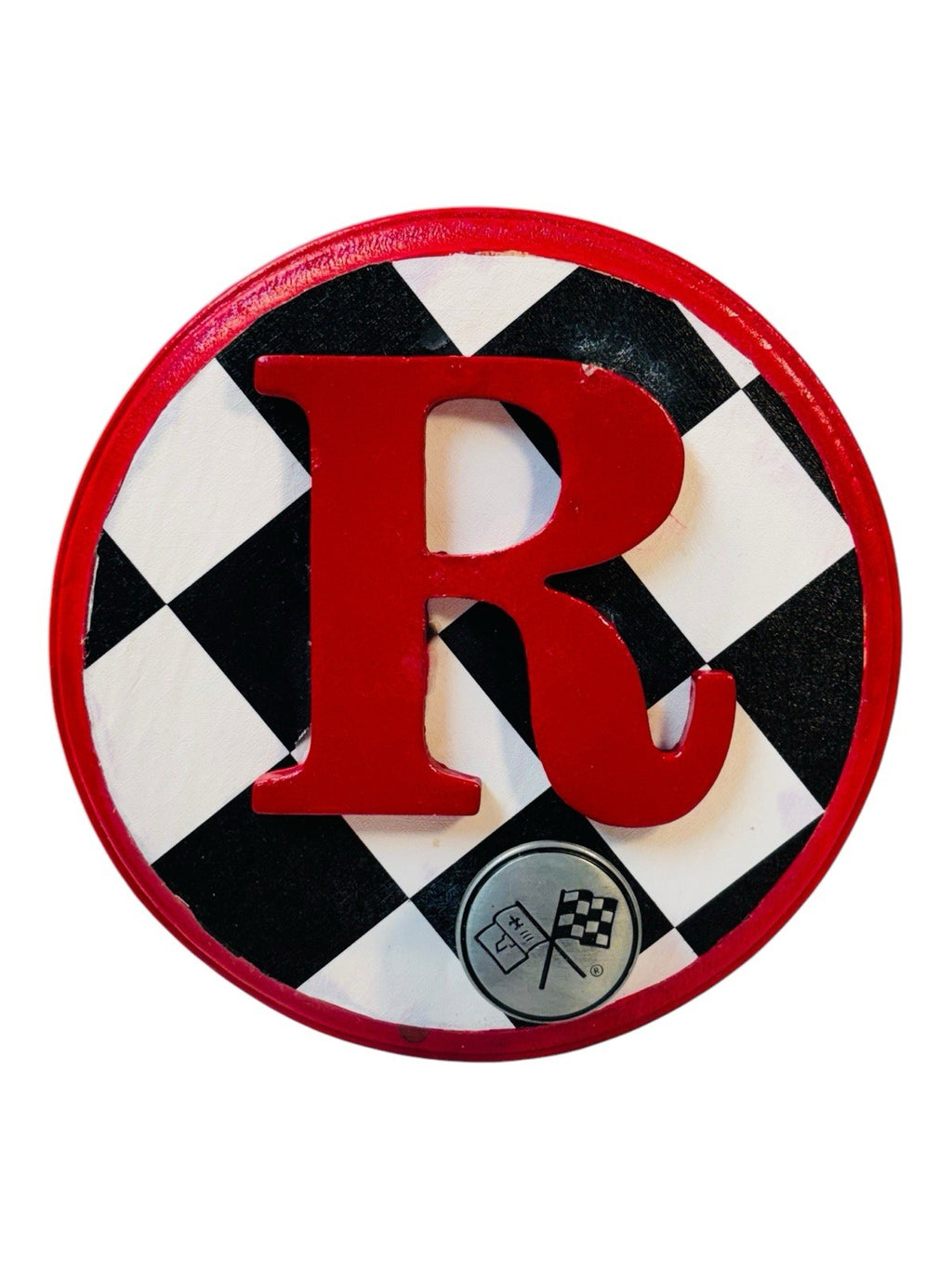 CHEVROLET RACING FLAG Metal Hook On Wood Plaque  w/Letter "R" 6.5X6.5" Round.