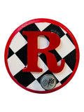 CHEVROLET RACING FLAG Metal Hook On Wood Plaque  w/Letter "R" 6.5X6.5" Round.