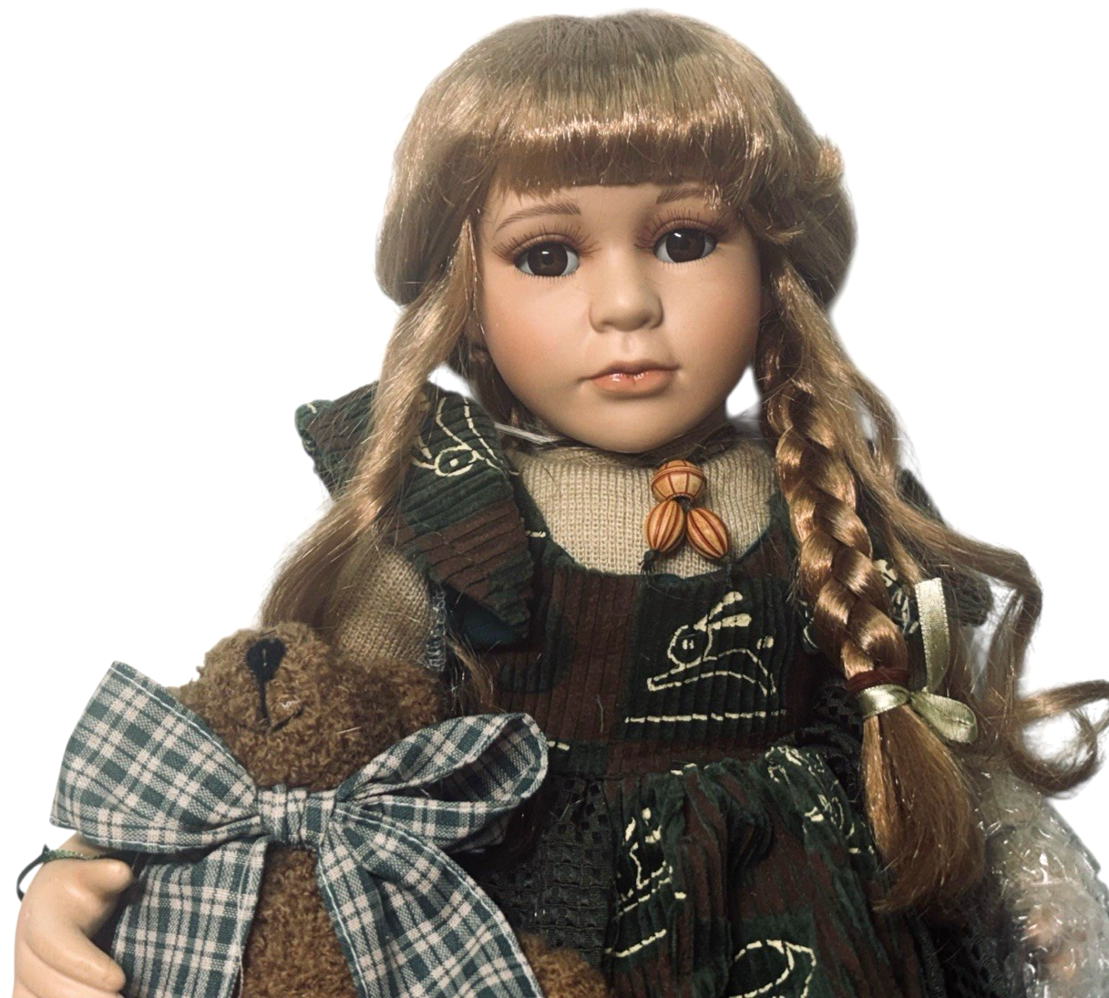 20” PORCELAIN DOLL W/ Blond Hair-Big Brown Eyes-Lifelike Eyelashes & Teddy Bear.