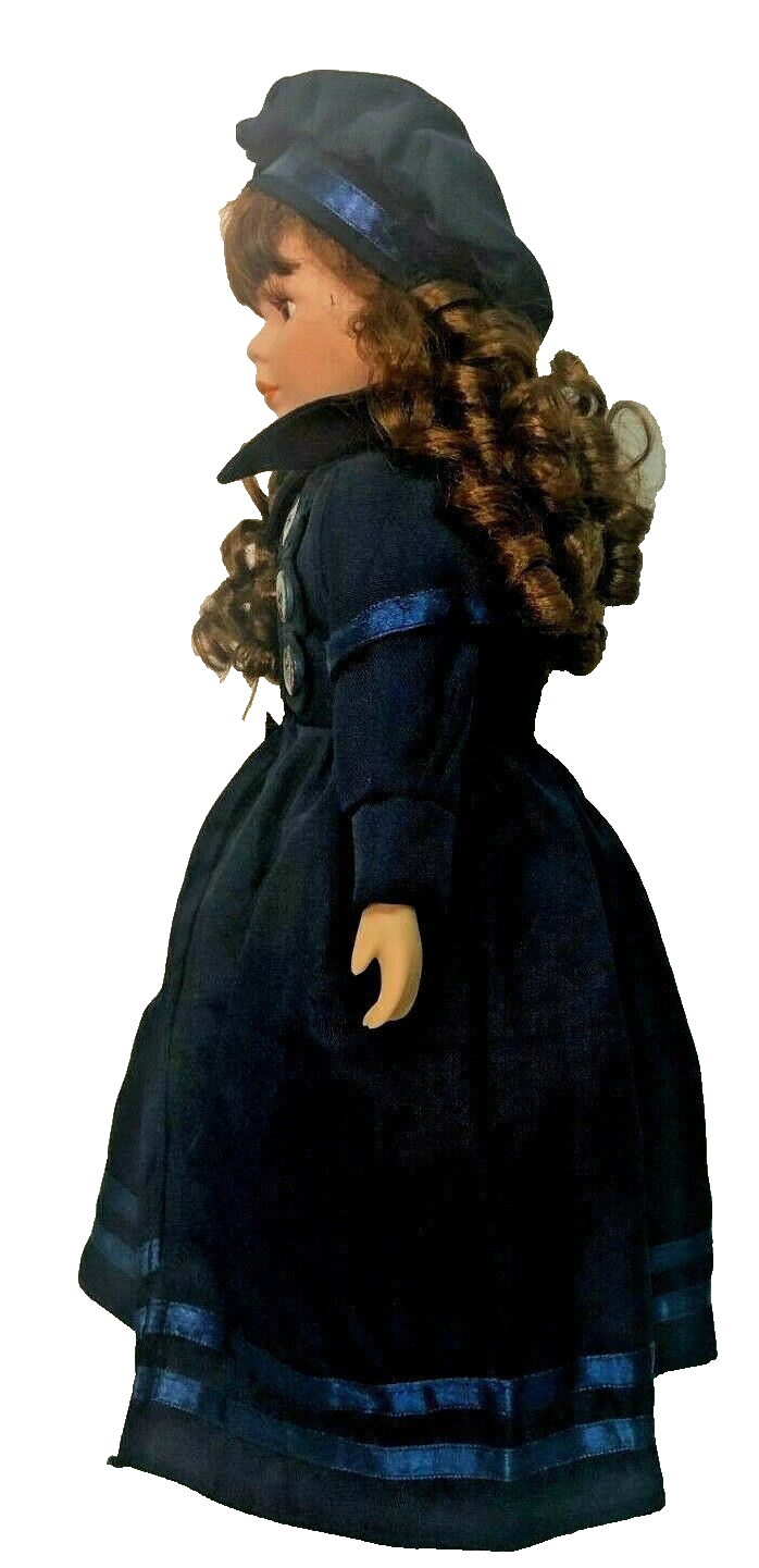 Design PS Victorian Porcelain Doll 15'' w/Long Blue Coat & Satin Trim Hat-1990s