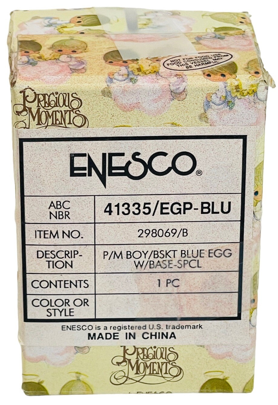 1997 Precious Moments Figurine P/M BOY W/BASKET ON BLUE EGG-Enesco