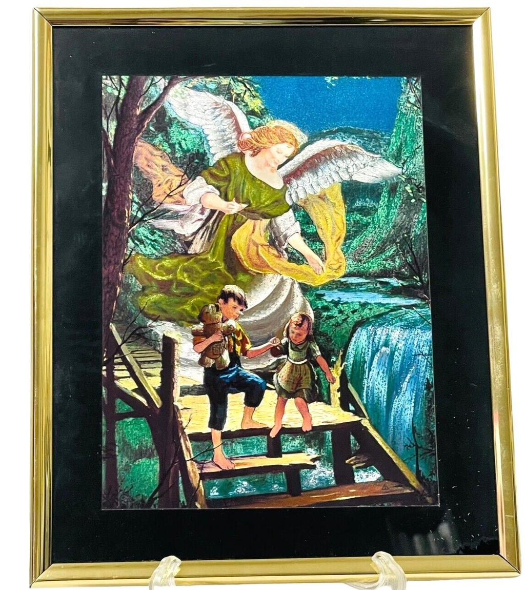 VINTADGE Guardian Angel Picture Art in Gold Frame-Black Matting 8 X 10.