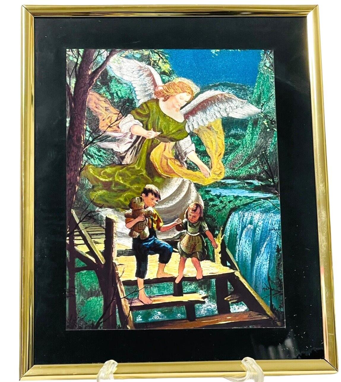 VINTADGE Guardian Angel Picture Art in Gold Frame-Black Matting 8 X 10.
