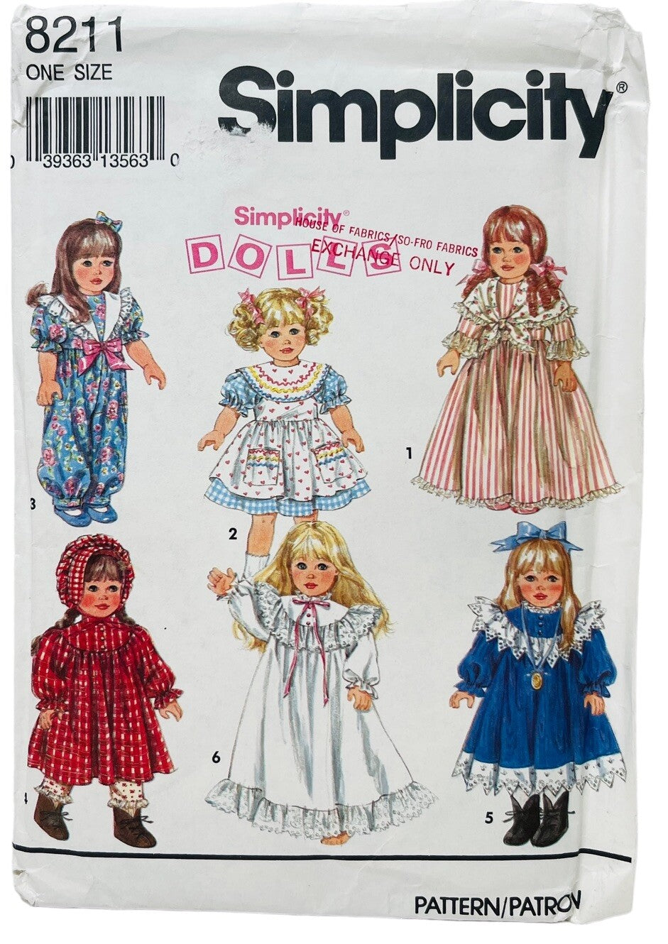 18" Doll Pattern Clothes Dress Romper Bonnet Shoes Simplicity 8211 Vintage 1994