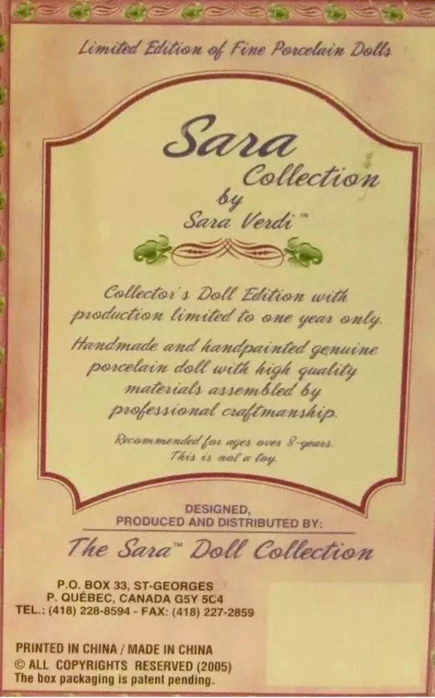 The Sara Porcelain Doll - Handmade & Hand Painted' 2006 Collection Edition. NIB