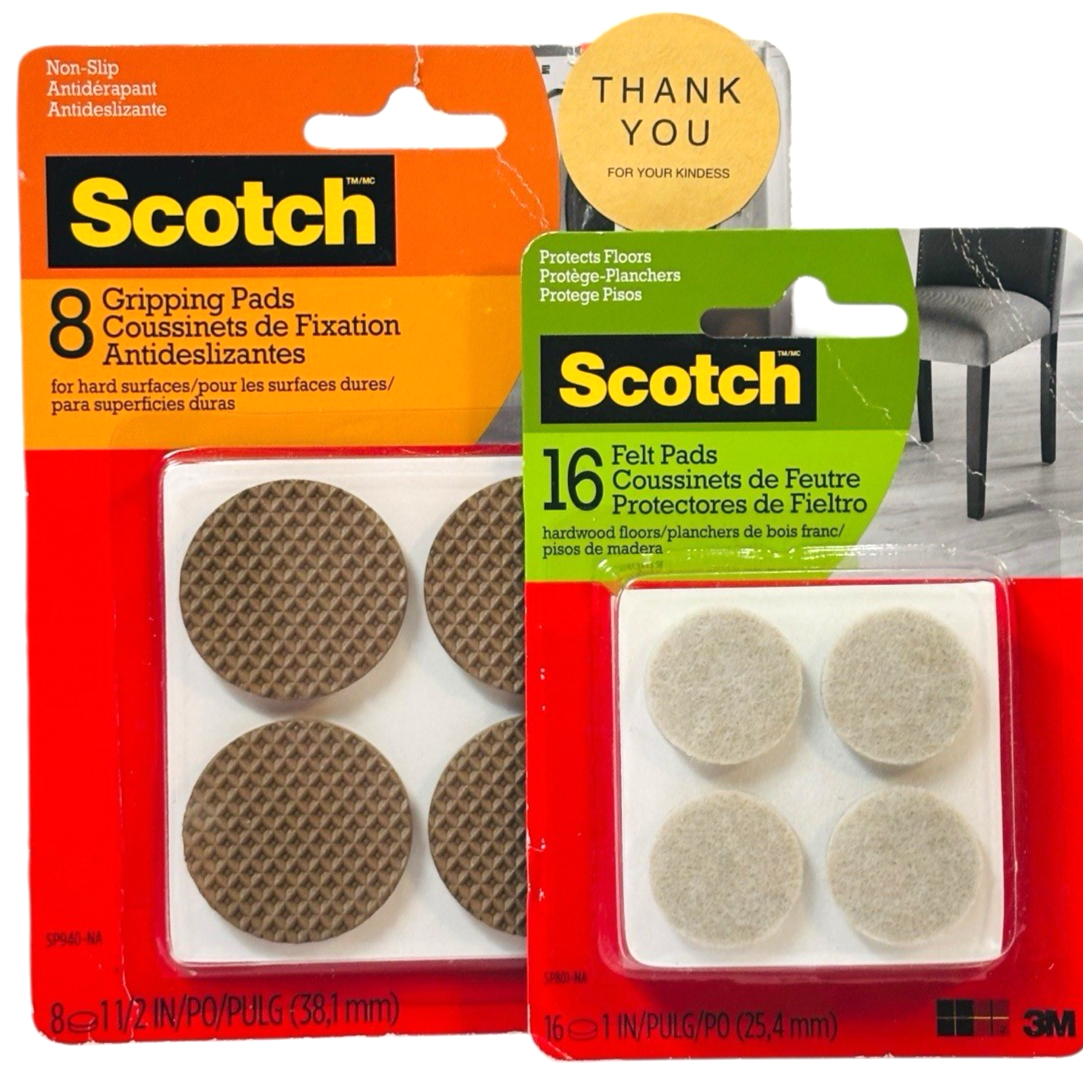 Lot of 2 Scotch 1.5" Brown Round Hard Surface Gripping Pads 8-Pk & 16 Felt Pads.